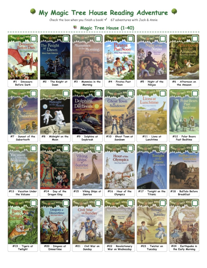Preview of the Magic Tree House reading checklist — book covers with checkboxes